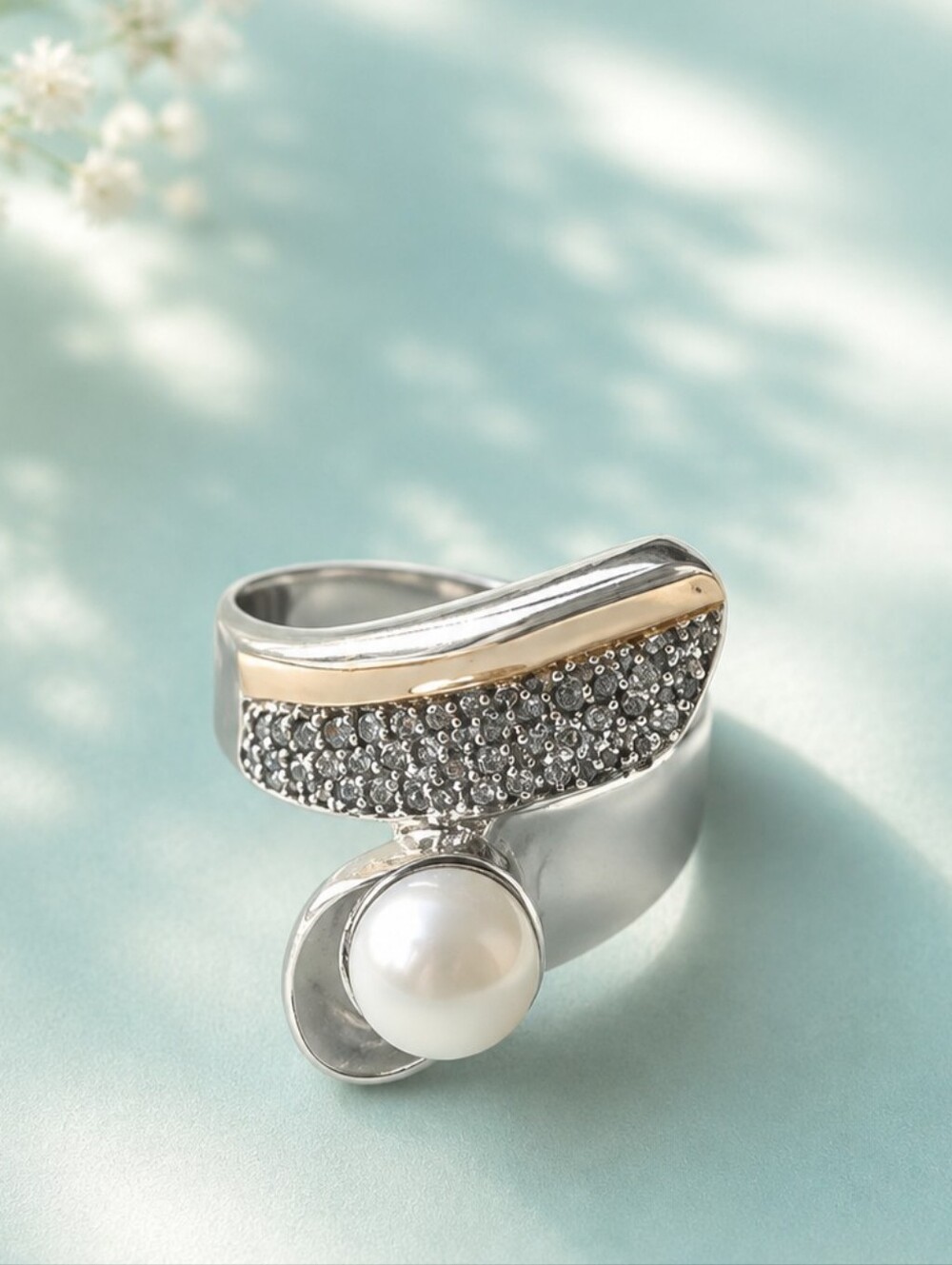 Silver Pearl Accent Open Ring with Gold Detail